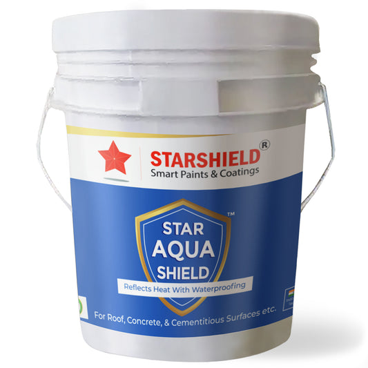 A depiction of Star Aqua Shield, a leading waterproofing solution for roofs. It offers superior protection against leaks, cracks, and dampness, with features including crack bridging, durability, water resistance, and heat reduction. Ideal for old roofs, it provides seamless, long-lasting waterproofing. Order now for dependable roof waterproofing at an affordable cost. Made for India's diverse climates, this product is available in waterproof sheets and paint options.