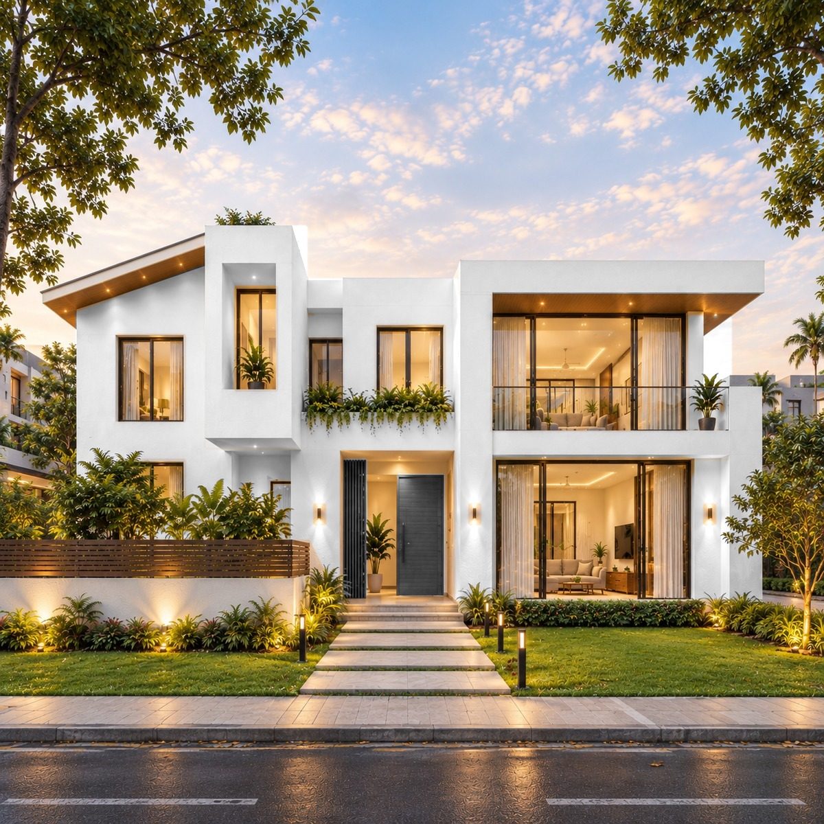 Modern two-storey villa at dusk, used to preview wall, accent and door colours