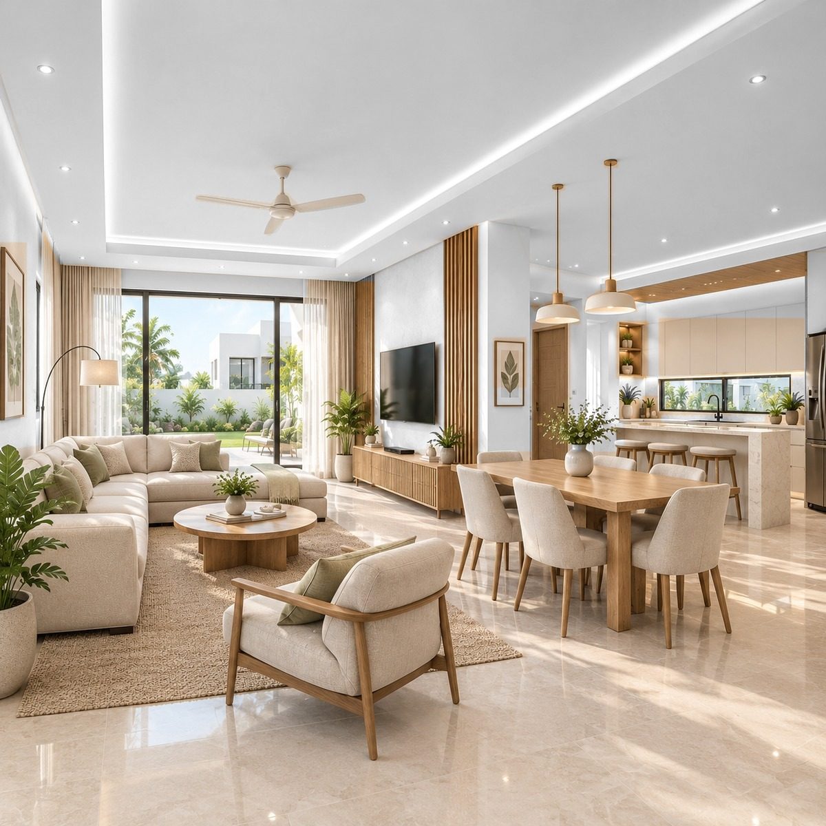 Bright open-plan living room, used to preview wall, feature wall and ceiling colours